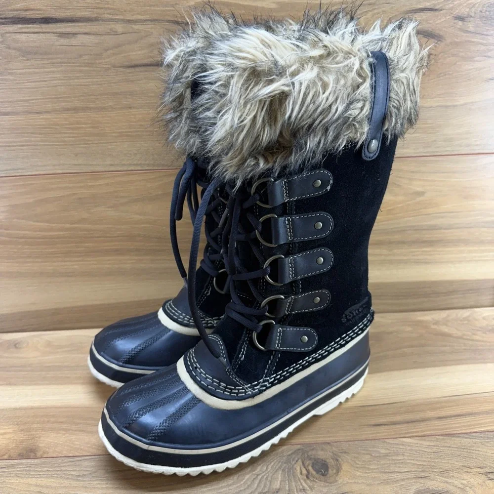 Sorel Joan Of Arctic Waterproof Snow Boots 7 Black Suede Faux Fur Tall Gorpcore